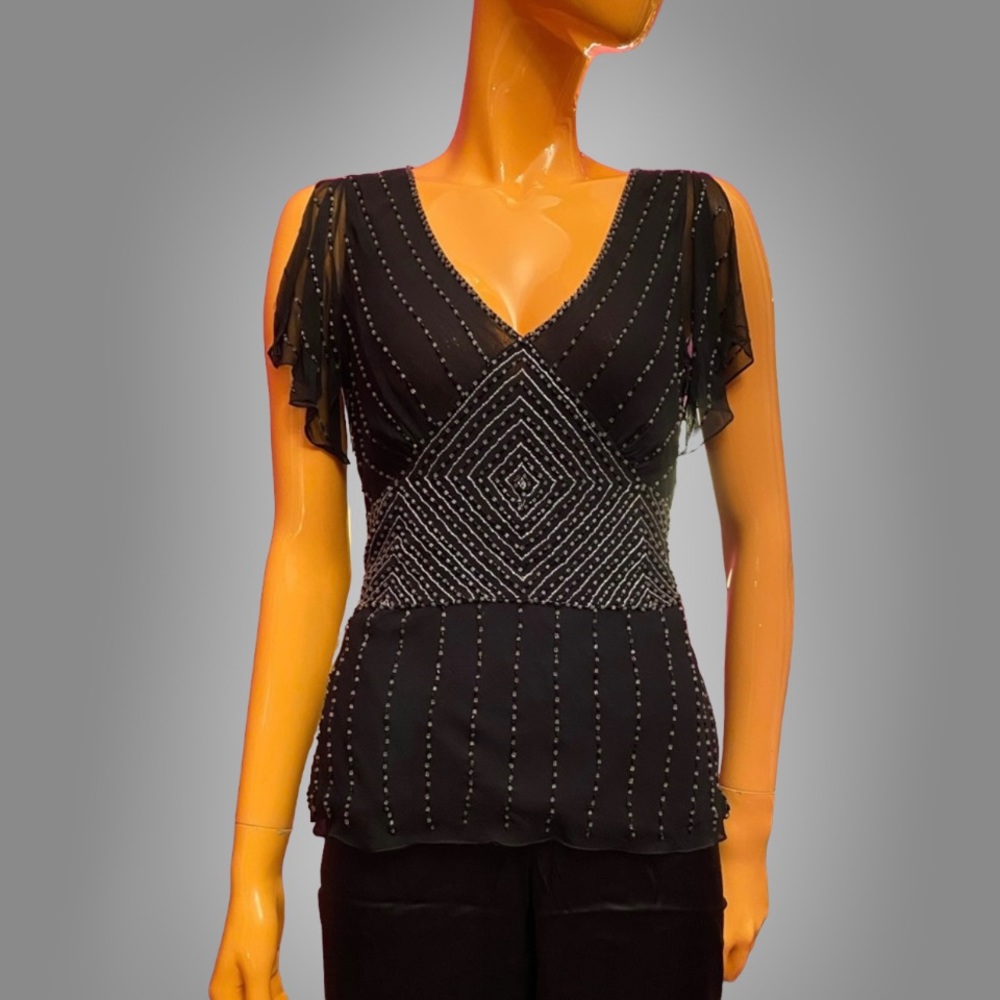 ADRIANNA PAPELL 90s Beaded Silk Flutter Sleeve Vintage Sheer Top Petite